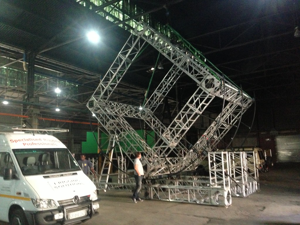 Rotating rig prepped for set build inside