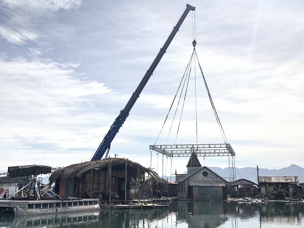 Deep Blue sea stage set church sinking in camera lowered